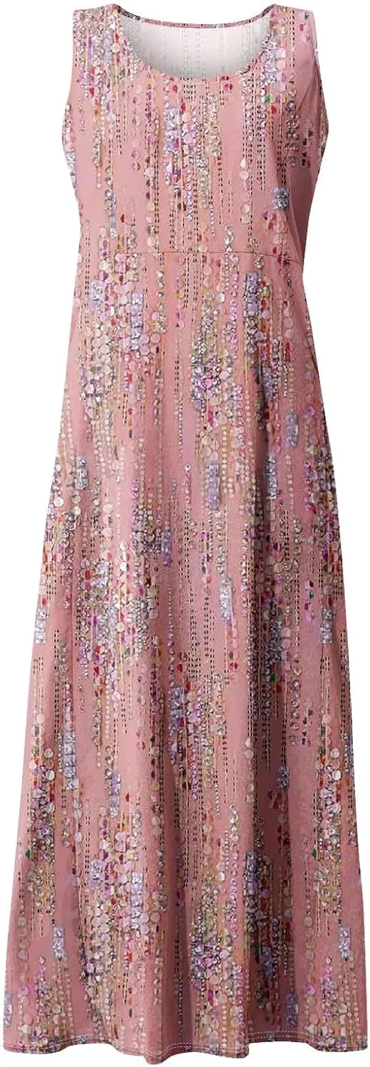Women's Casual Maxi Sundress 2025 Summer Beach Dresses Scoop Neck Sleeveless Loose Plus Size Tank Dress