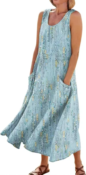 Women's Casual Maxi Sundress 2025 Summer Beach Dresses Scoop Neck Sleeveless Loose Plus Size Tank Dress