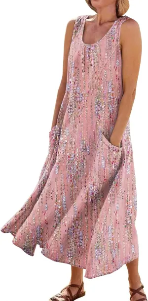 Women's Casual Maxi Sundress 2025 Summer Beach Dresses Scoop Neck Sleeveless Loose Plus Size Tank Dress