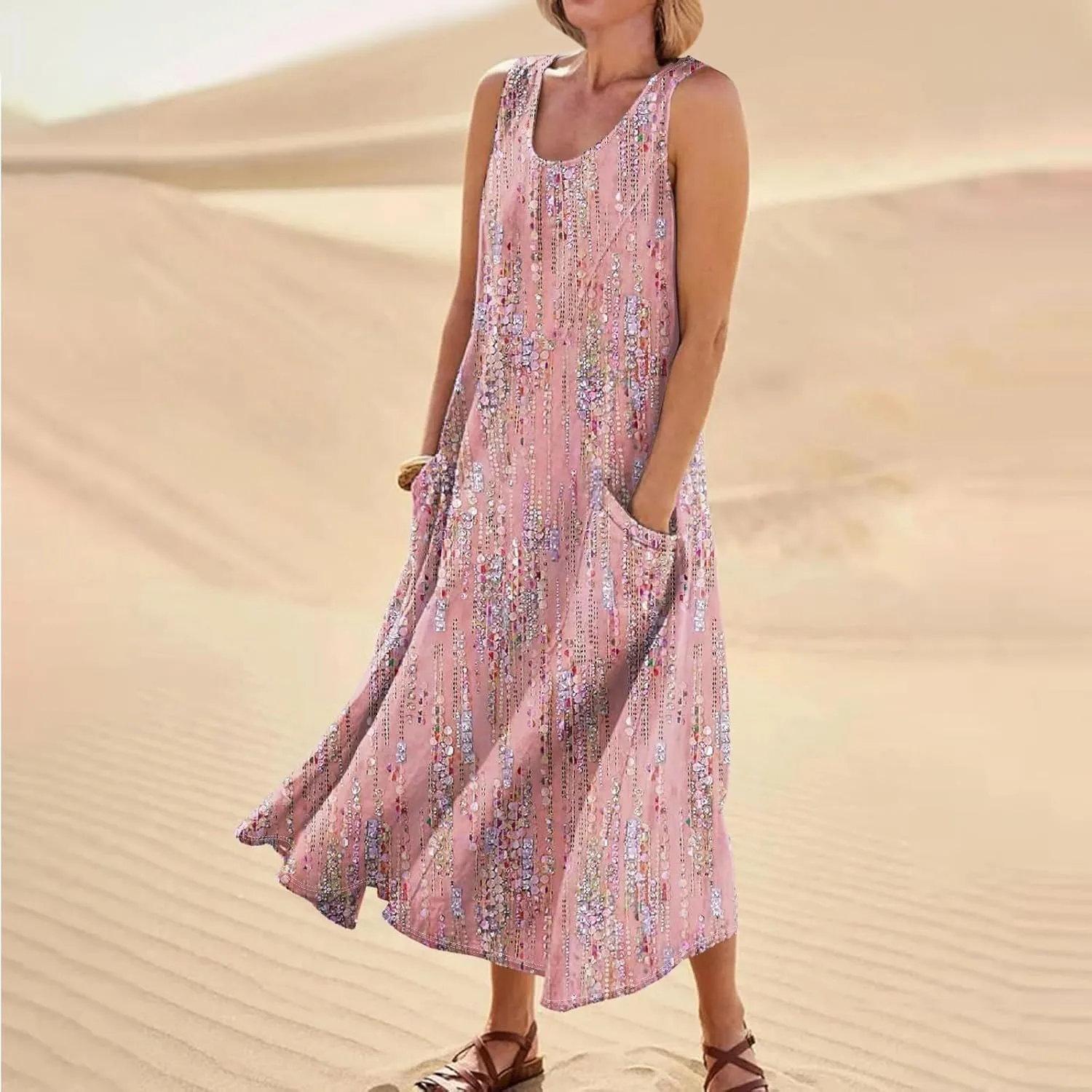 Women's Casual Maxi Sundress 2025 Summer Beach Dresses Scoop Neck Sleeveless Loose Plus Size Tank Dress