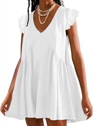 Womens Casual Short Dress Flutter Short Sleeve Ruffle Dresses Trendy Flowy V-Neck Swing Dress A-Line Mini Sundress