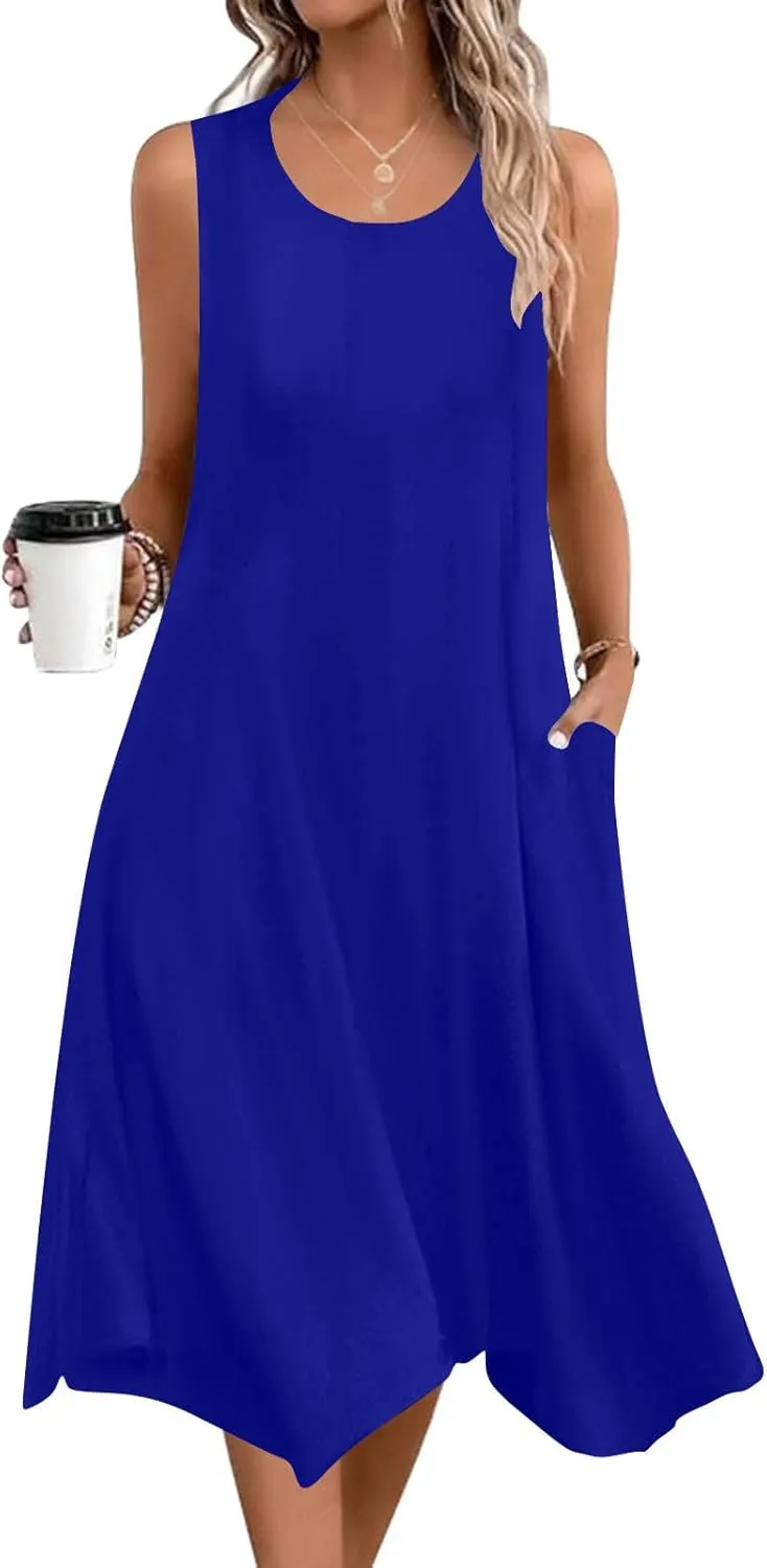 Womens Casual Summer Beach Sundresses Crewneck Sleeveless Flowy Tank Dress Aesthetic Vacation Irregular Dress Pockets