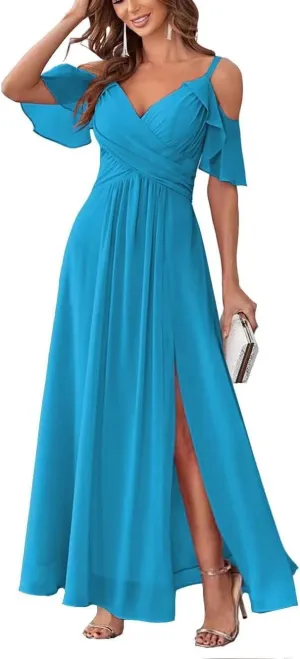 Women's Cold Shoulder Chiffon Bridesmaid Dresses Long Formal Party Dress with Slit QD095