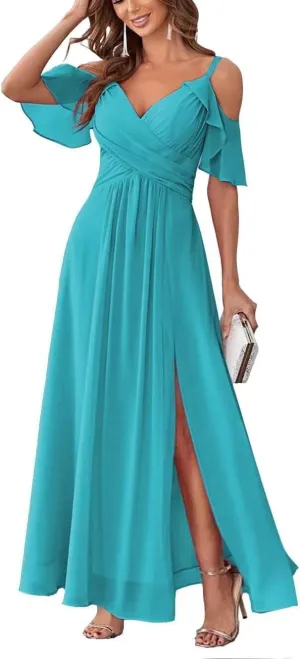 Women's Cold Shoulder Chiffon Bridesmaid Dresses Long Formal Party Dress with Slit QD095