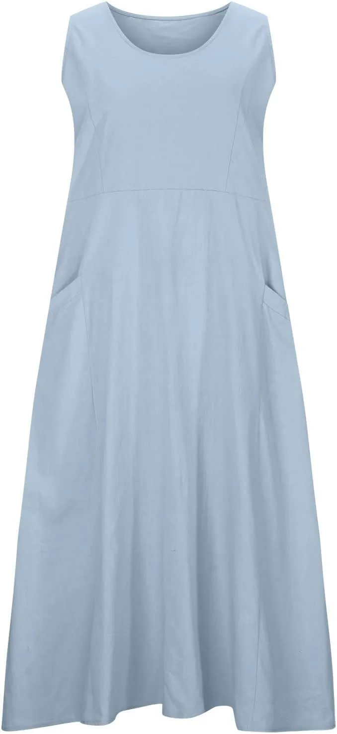 Womens Cotton Linen Sleeveless Maxi Dress Summer Flowy Dresses with Pockets Maxi Sundresses Beach Vacation Outfits