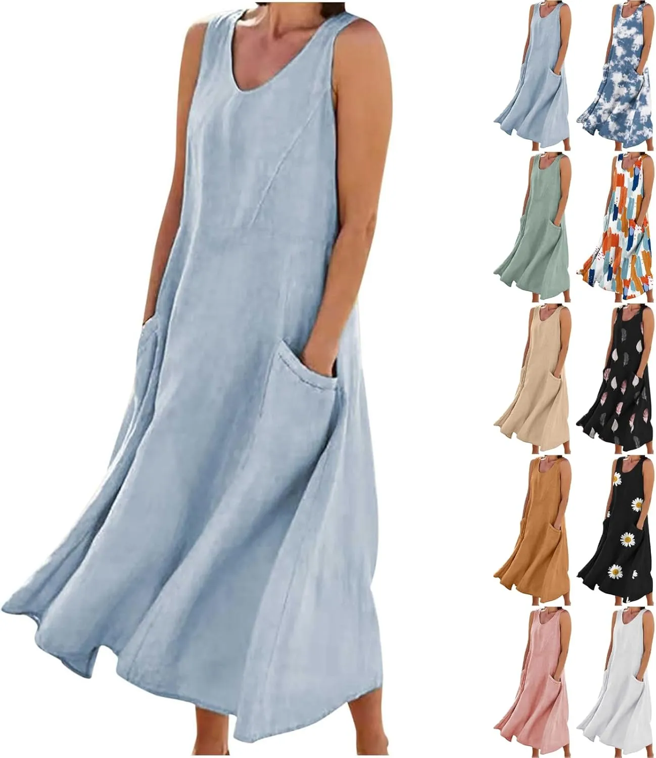 Womens Cotton Linen Sleeveless Maxi Dress Summer Flowy Dresses with Pockets Maxi Sundresses Beach Vacation Outfits