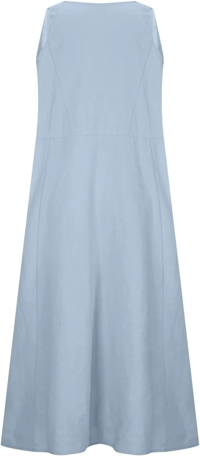 Womens Cotton Linen Sleeveless Maxi Dress Summer Flowy Dresses with Pockets Maxi Sundresses Beach Vacation Outfits