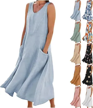 Womens Cotton Linen Sleeveless Maxi Dress Summer Flowy Dresses with Pockets Maxi Sundresses Beach Vacation Outfits