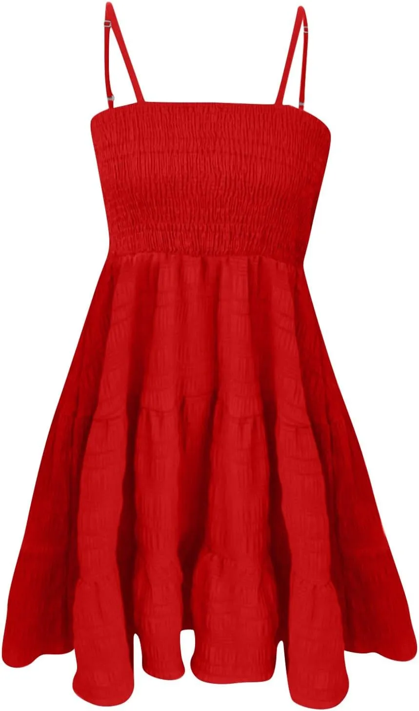 Women's Floral Dress Sleeveless Spaghetti Strap Square Neck Solid Color Ruffle Summer Boho A Line Dress, S-2XL
