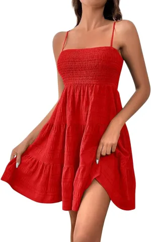 Women's Floral Dress Sleeveless Spaghetti Strap Square Neck Solid Color Ruffle Summer Boho A Line Dress, S-2XL