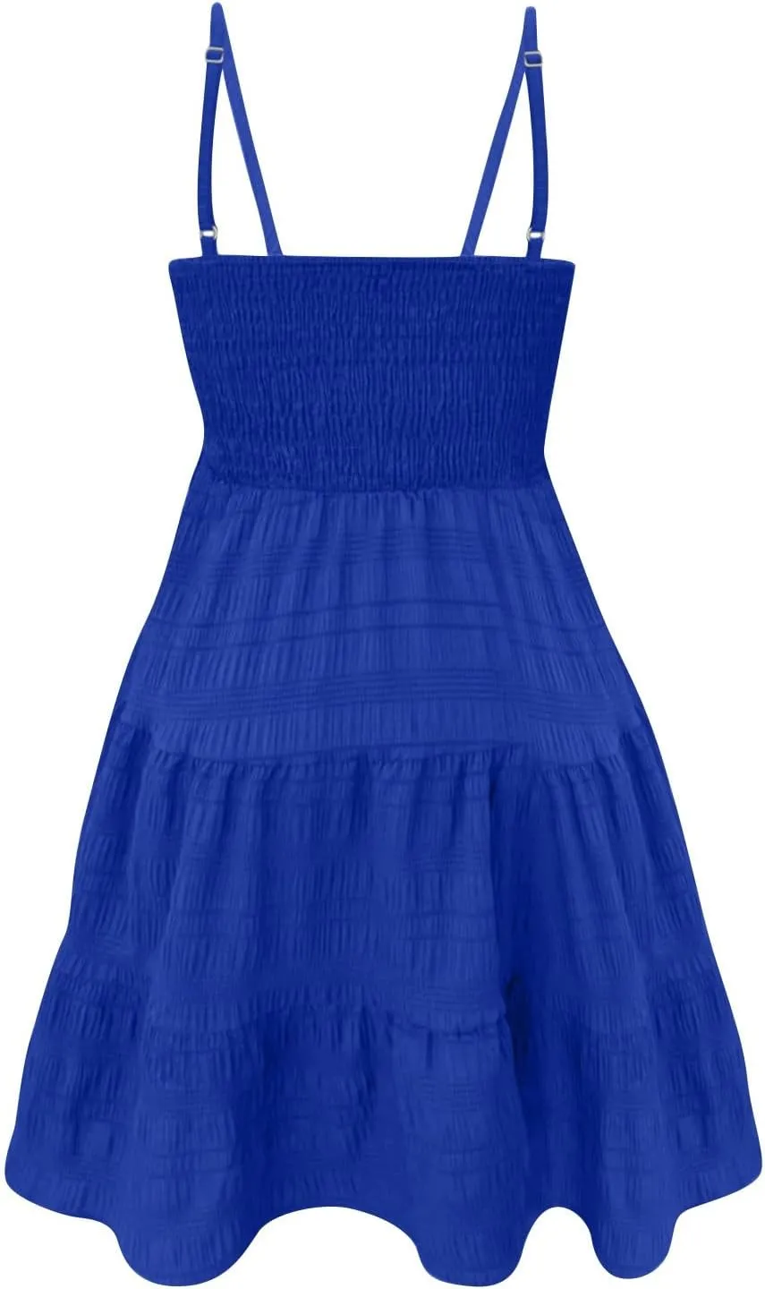 Women's Floral Dress Sleeveless Spaghetti Strap Square Neck Solid Color Ruffle Summer Boho A Line Dress, S-2XL