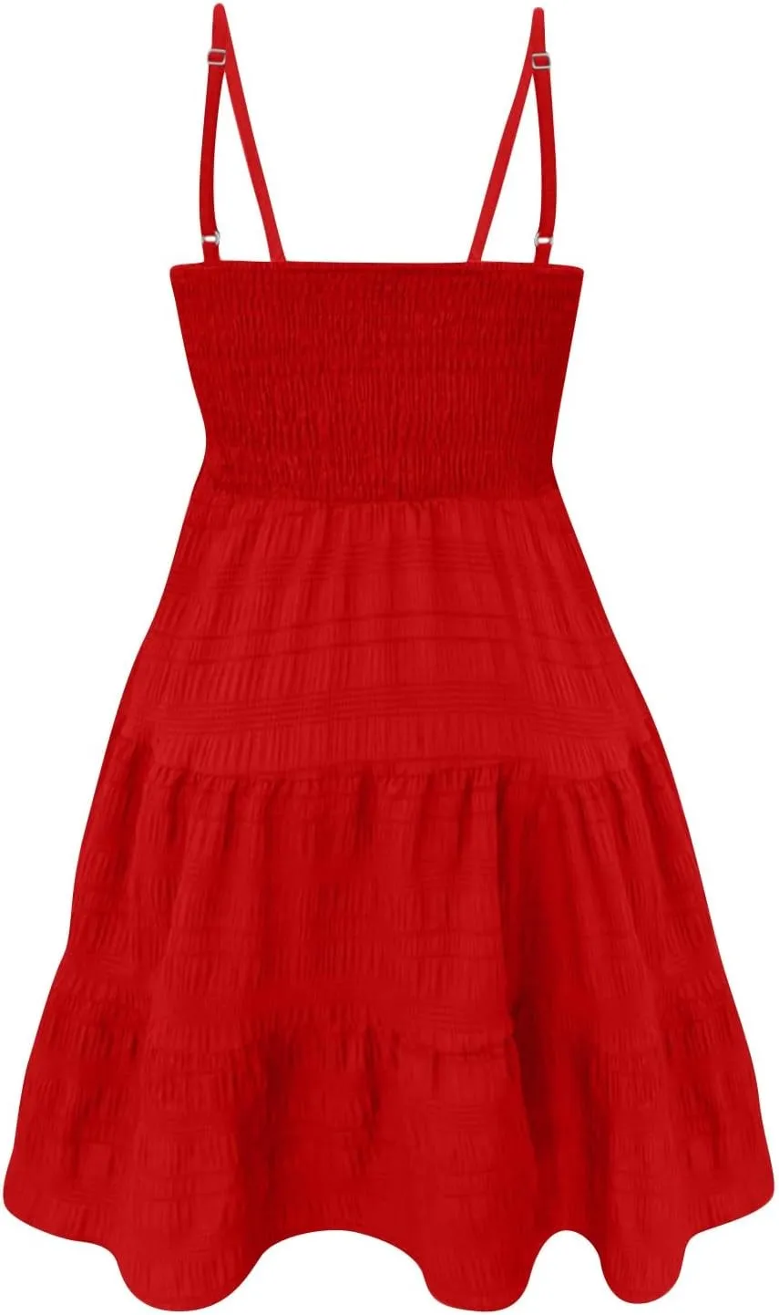 Women's Floral Dress Sleeveless Spaghetti Strap Square Neck Solid Color Ruffle Summer Boho A Line Dress, S-2XL