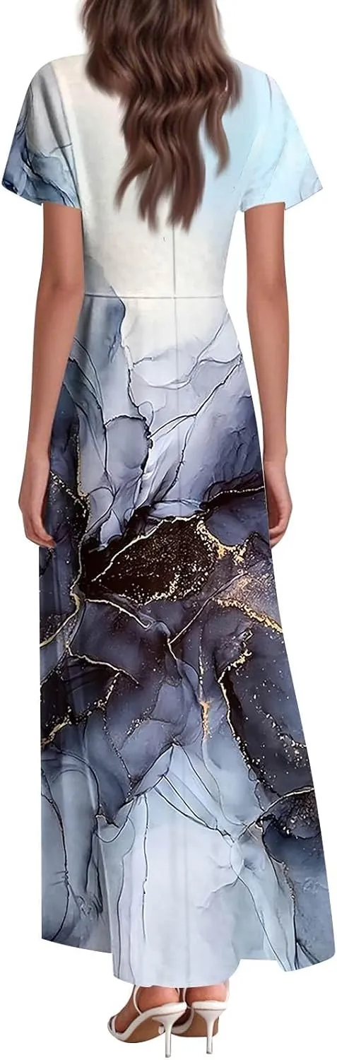 Womens Long Dresses Formal Flowy Short Sleeve High Waisted A Line Summer Dress for Women Beach Trendy V Neck