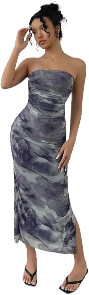 Women's Mesh Floral Strapless Bodycon Maxi Dress Ruched Long Tube Dresses Summe Sexy Party Club Dress Y2K Dresses