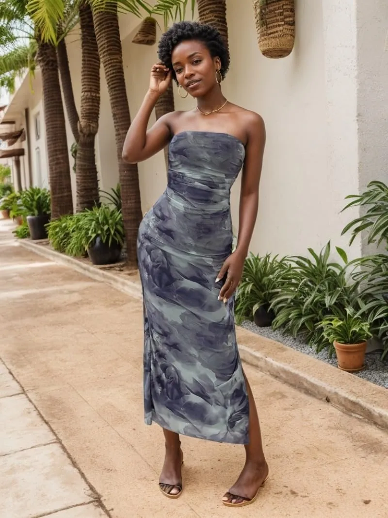 Women's Mesh Floral Strapless Bodycon Maxi Dress Ruched Long Tube Dresses Summe Sexy Party Club Dress Y2K Dresses