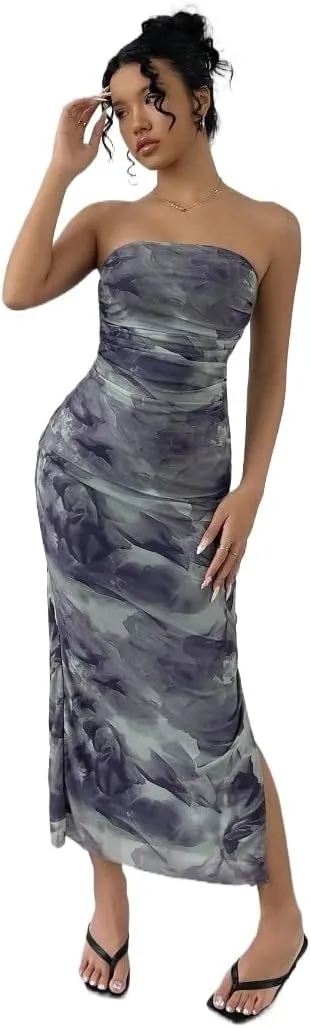 Women's Mesh Floral Strapless Bodycon Maxi Dress Ruched Long Tube Dresses Summe Sexy Party Club Dress Y2K Dresses