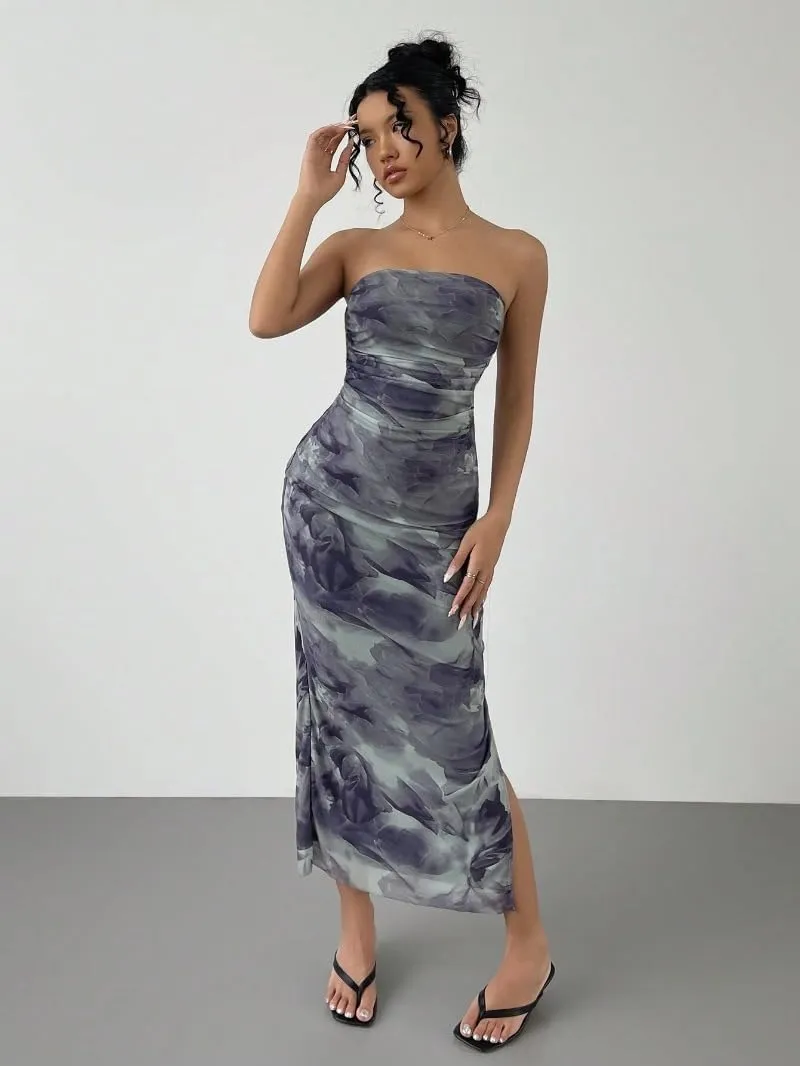 Women's Mesh Floral Strapless Bodycon Maxi Dress Ruched Long Tube Dresses Summe Sexy Party Club Dress Y2K Dresses