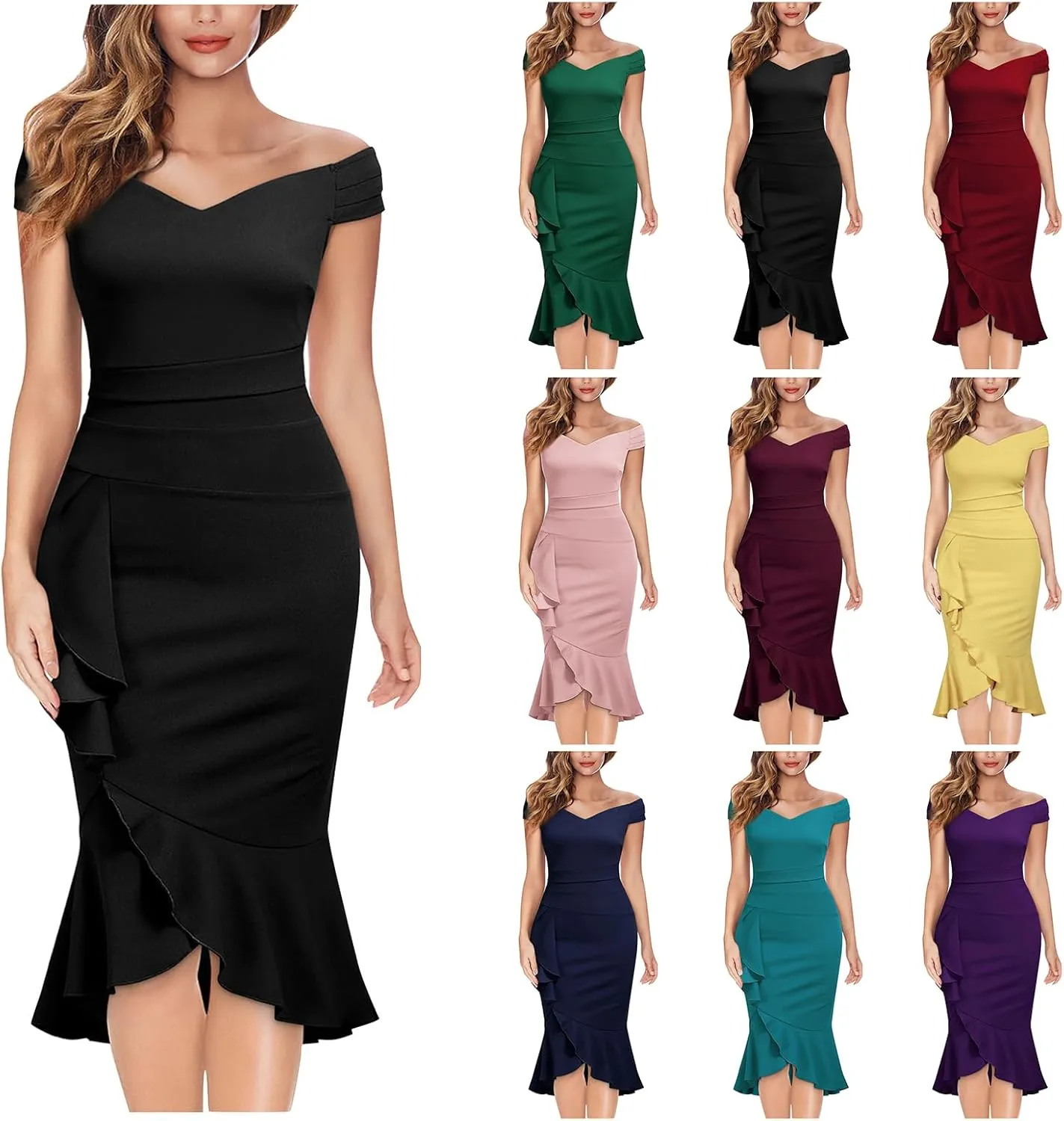 Womens Off Shoulder Dress V Neck Ruffle Bodycon Slit Evening Dress Elegant Formal Cocktail Party Midi Dresses