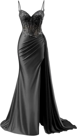 Women's Satin Prom Dresses Long Spaghetti Straps Lace Mermaid Applique Formal Evening Gowns with Slit