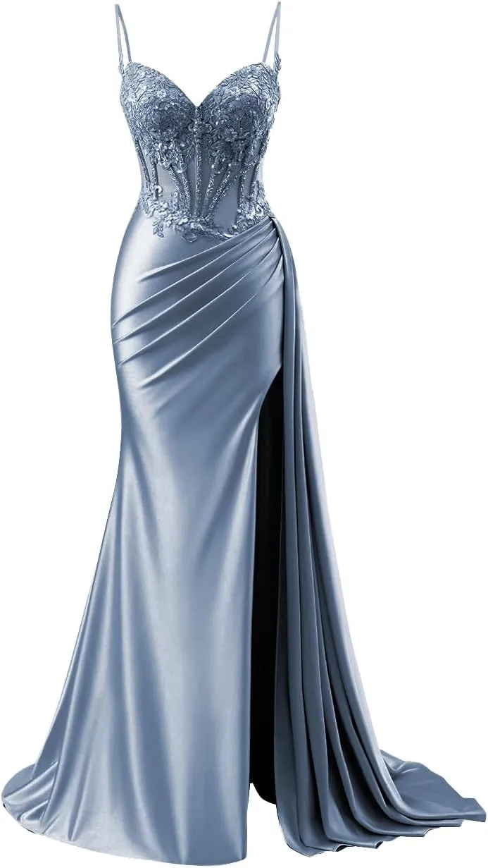 Women's Satin Prom Dresses Long Spaghetti Straps Lace Mermaid Applique Formal Evening Gowns with Slit