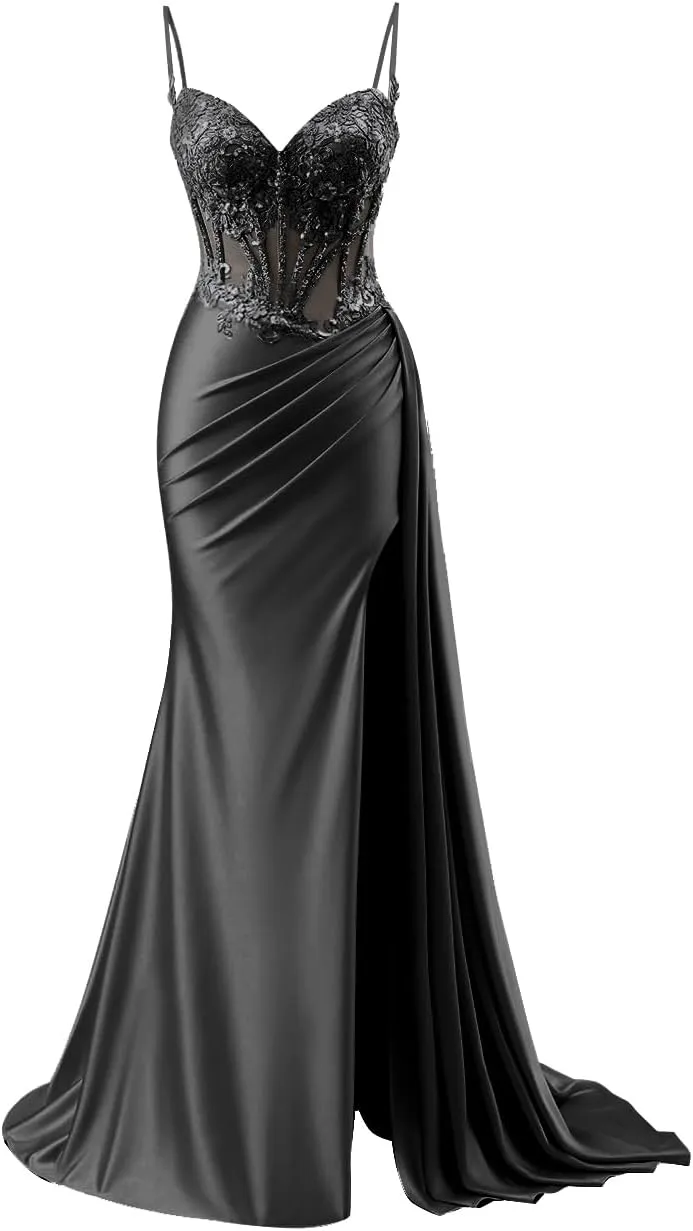 Women's Satin Prom Dresses Long Spaghetti Straps Lace Mermaid Applique Formal Evening Gowns with Slit
