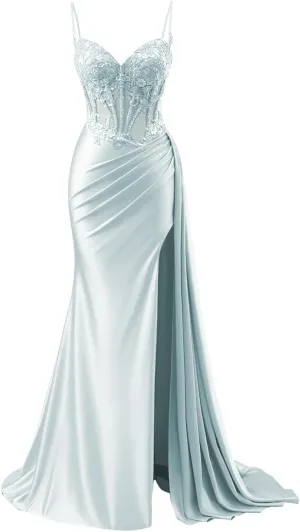 Women's Satin Prom Dresses Long Spaghetti Straps Lace Mermaid Applique Formal Evening Gowns with Slit