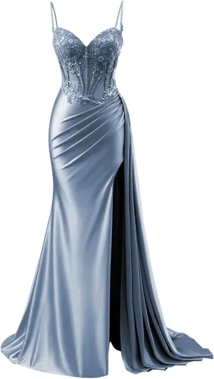 Women's Satin Prom Dresses Long Spaghetti Straps Lace Mermaid Applique Formal Evening Gowns with Slit
