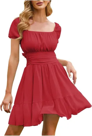 Women's Smocked Ruffle Mini Dresses Long Sleeve Square Neck High Waist Ruffle Hem Flowy Casual Party Dress