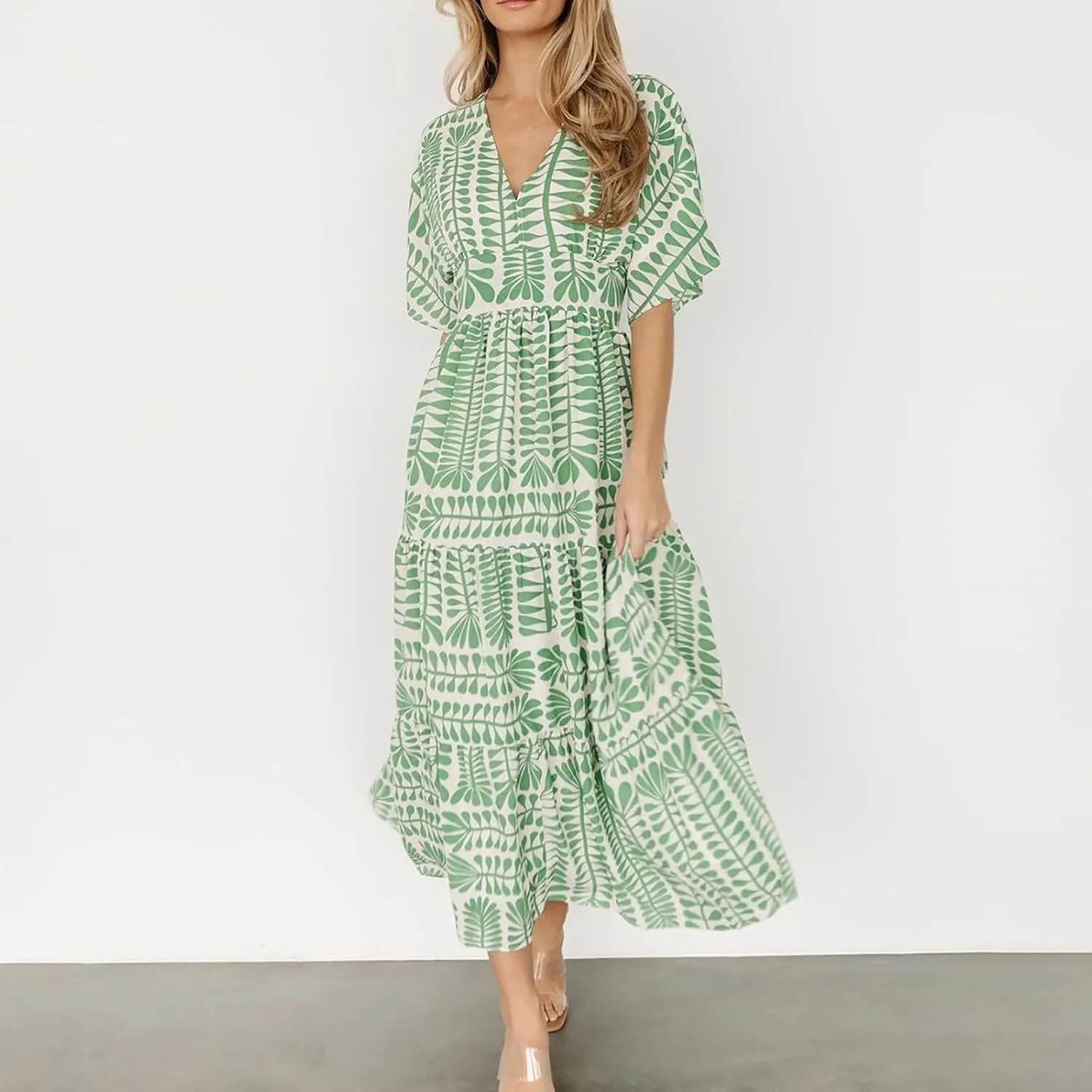 Women's Summer Casual Dress Floral Boho Short Sleeve V Neck Midi Dress Flowy Swing Ruffle Wrap Maxi Sundress