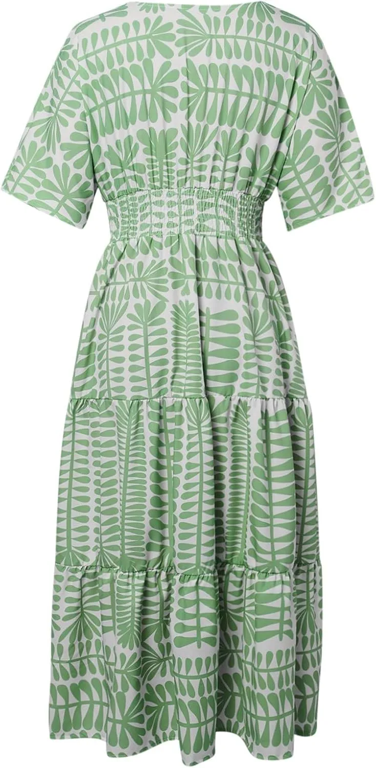 Women's Summer Casual Dress Floral Boho Short Sleeve V Neck Midi Dress Flowy Swing Ruffle Wrap Maxi Sundress