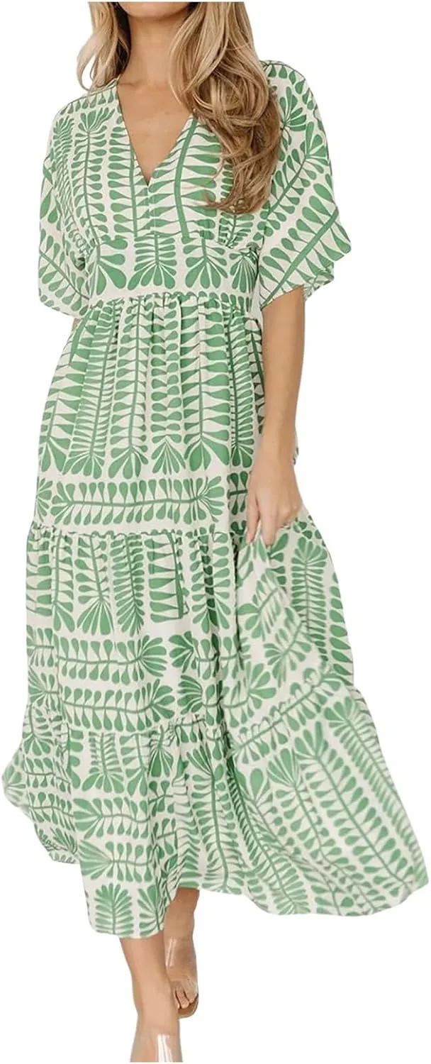 Women's Summer Casual Dress Floral Boho Short Sleeve V Neck Midi Dress Flowy Swing Ruffle Wrap Maxi Sundress