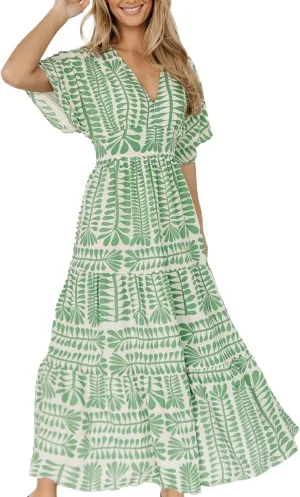Women's Summer Casual Dress Floral Boho Short Sleeve V Neck Midi Dress Flowy Swing Ruffle Wrap Maxi Sundress