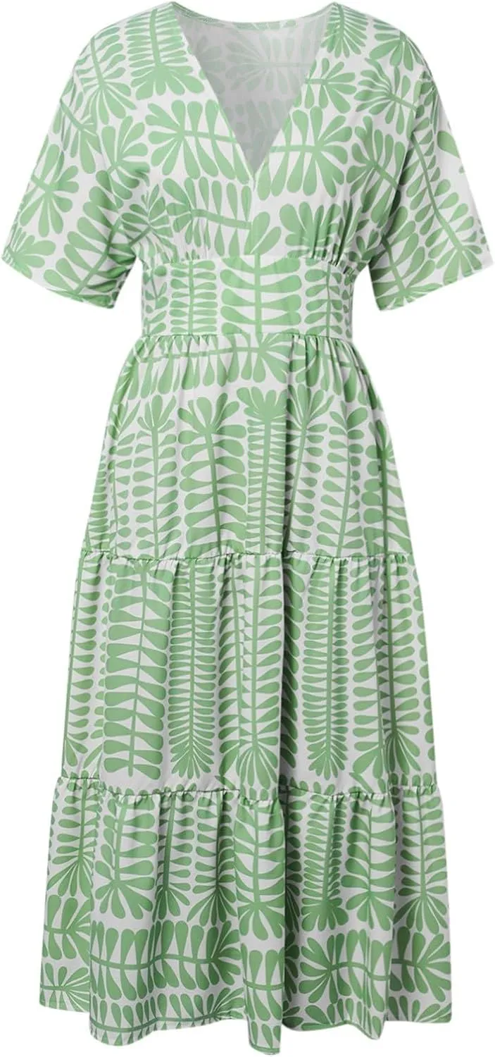 Women's Summer Casual Dress Floral Boho Short Sleeve V Neck Midi Dress Flowy Swing Ruffle Wrap Maxi Sundress