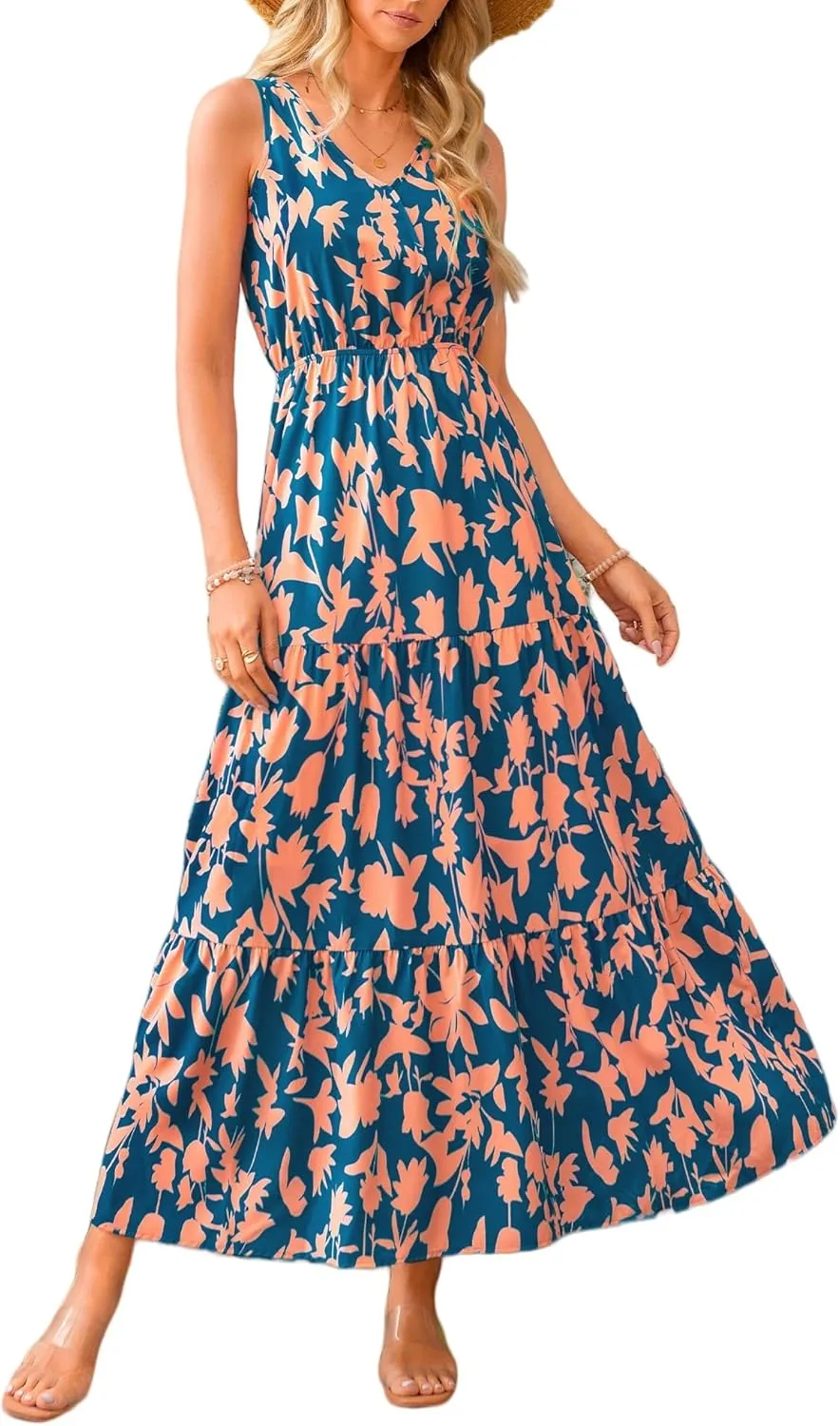 Womens Summer Dress Sleeveless V Neck Cute Floral Maxi Dresses Casual Flowy Swing Wedding Guest Long Dress