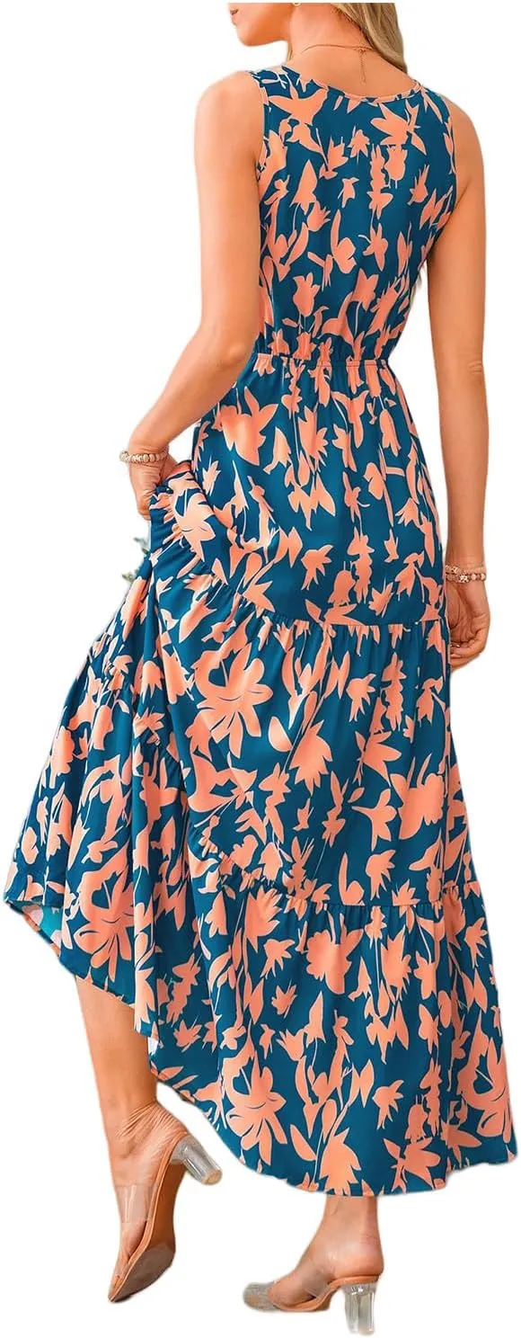 Womens Summer Dress Sleeveless V Neck Cute Floral Maxi Dresses Casual Flowy Swing Wedding Guest Long Dress