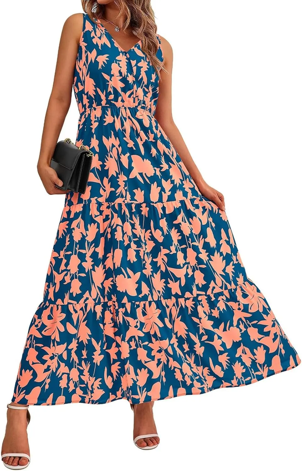 Womens Summer Dress Sleeveless V Neck Cute Floral Maxi Dresses Casual Flowy Swing Wedding Guest Long Dress