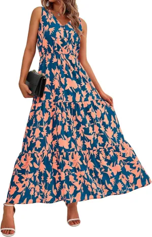 Womens Summer Dress Sleeveless V Neck Cute Floral Maxi Dresses Casual Flowy Swing Wedding Guest Long Dress