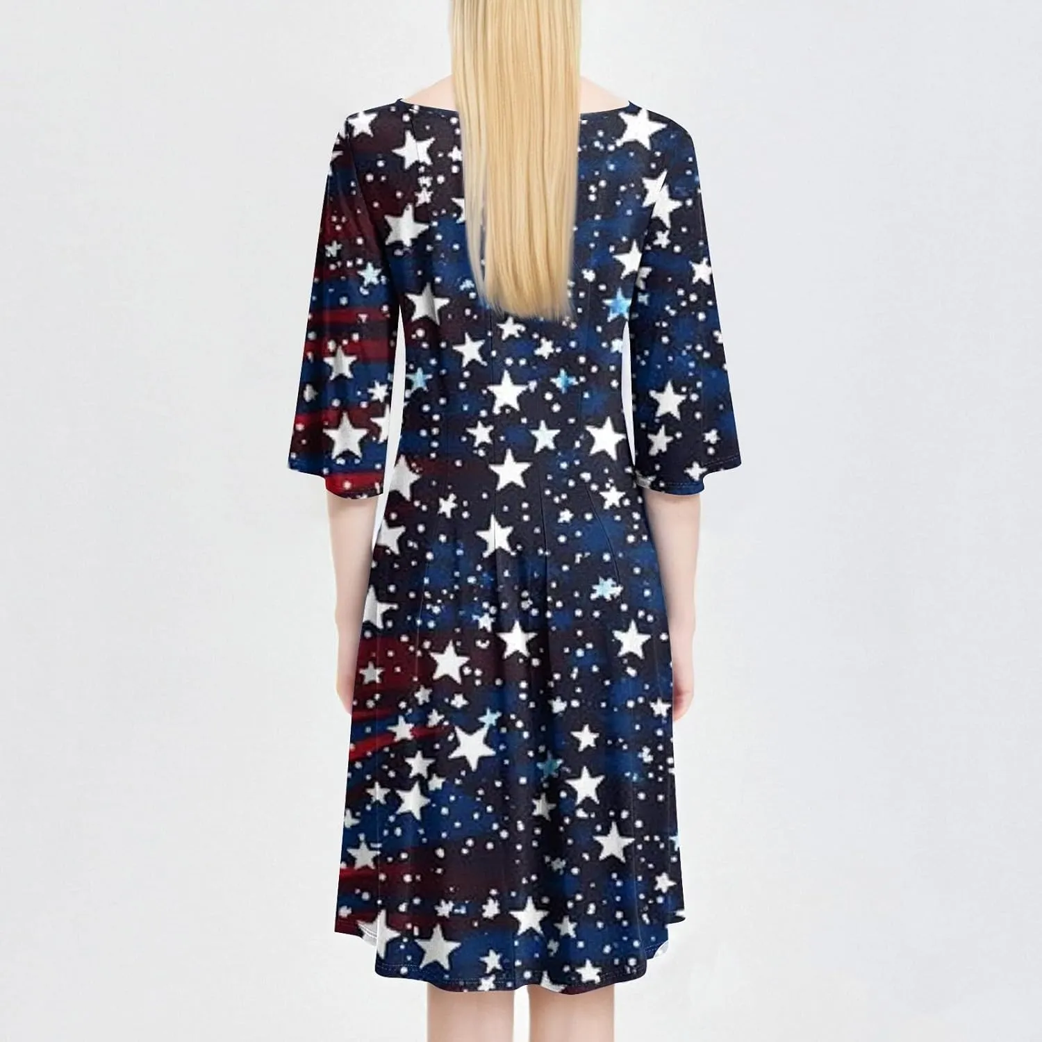 Womens Summer Dresses 2025 4Th of July 3/4 Sleeve Crewneck Midi Aline Pleated Shirt Dress with Pockets,S-2XL
