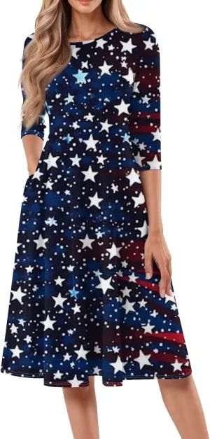 Womens Summer Dresses 2025 4Th of July 3/4 Sleeve Crewneck Midi Aline Pleated Shirt Dress with Pockets,S-2XL