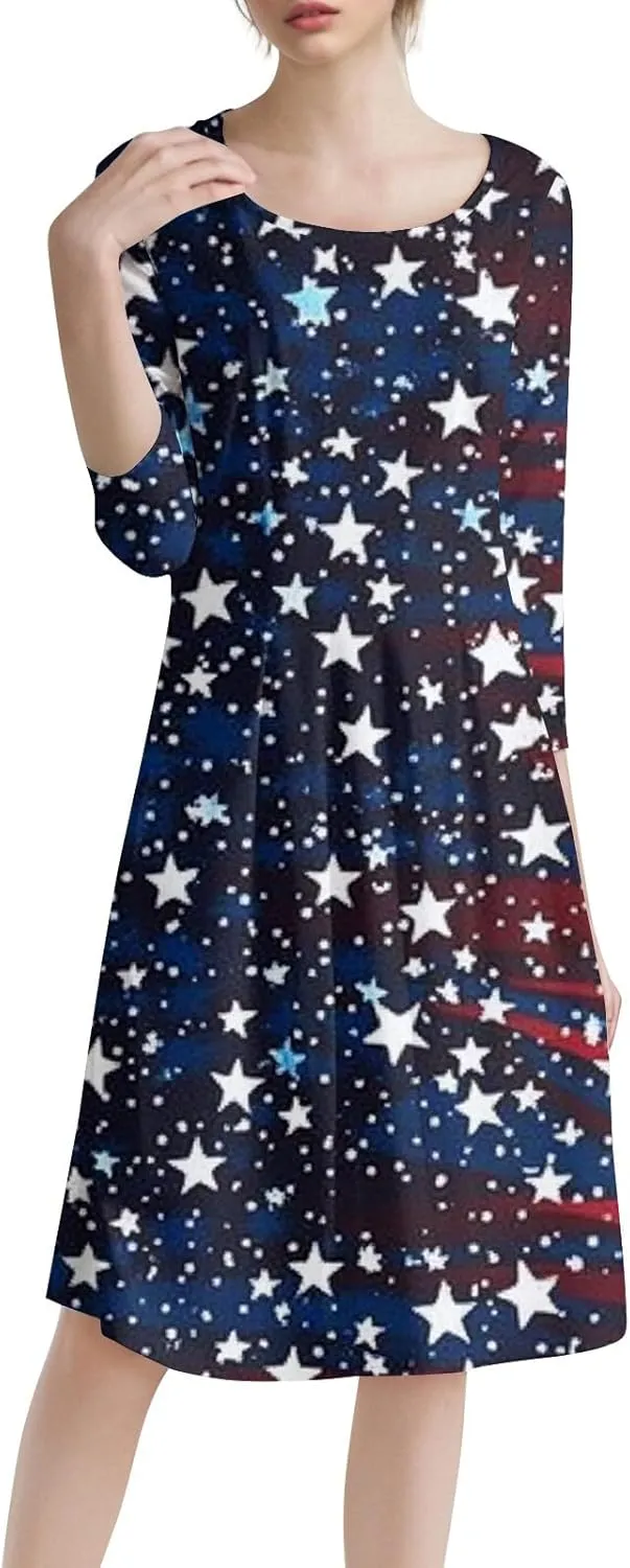 Womens Summer Dresses 2025 4Th of July 3/4 Sleeve Crewneck Midi Aline Pleated Shirt Dress with Pockets,S-2XL