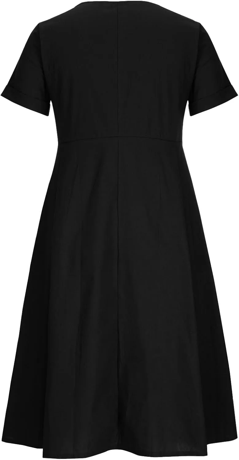 Women's Summer Dresses 2025 Casual Loose Trendy Short Sleeve V-Neck Solid Color Button Linen Dress Plus Size, S-5XL