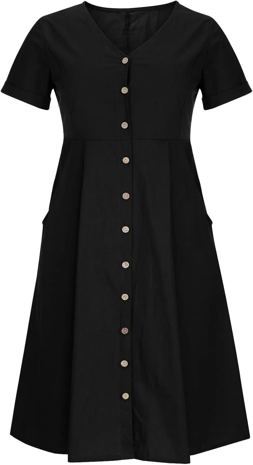 Women's Summer Dresses 2025 Casual Loose Trendy Short Sleeve V-Neck Solid Color Button Linen Dress Plus Size, S-5XL