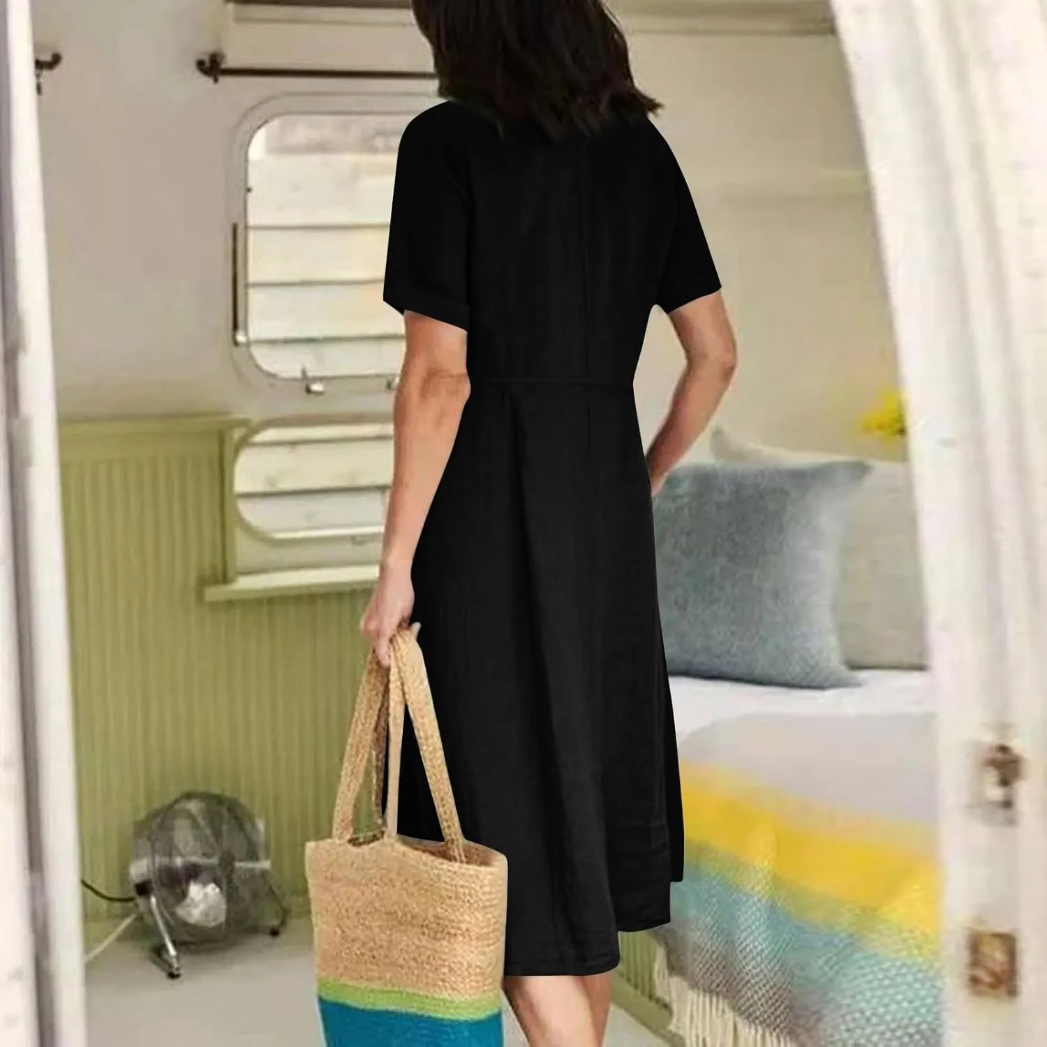 Women's Summer Dresses 2025 Casual Loose Trendy Short Sleeve V-Neck Solid Color Button Linen Dress Plus Size, S-5XL
