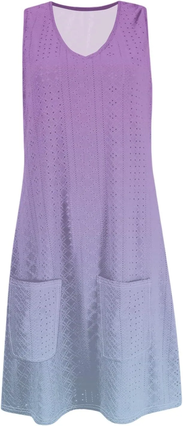 Womens Summer Dresses 2025 Eyelet Casual Loose V Neck Sleeveless Sundresses Tank Coverup Dresses with Pockets