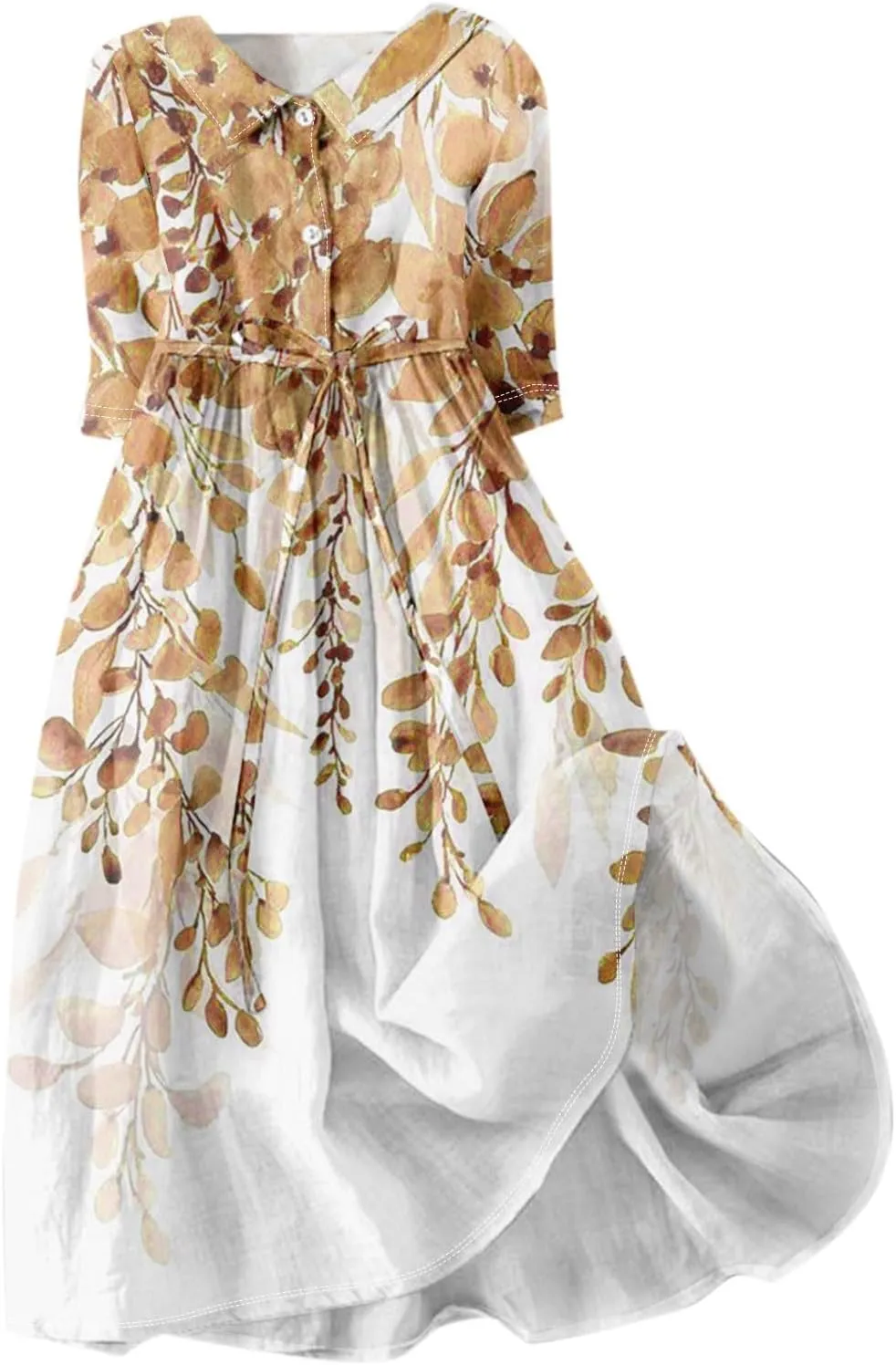 Women'S Summer Dresses 3/4 Sleeve Lapel Neck Button Cute A Line Lace-Up Dress Boho Floral Vacation Beach Long Dress