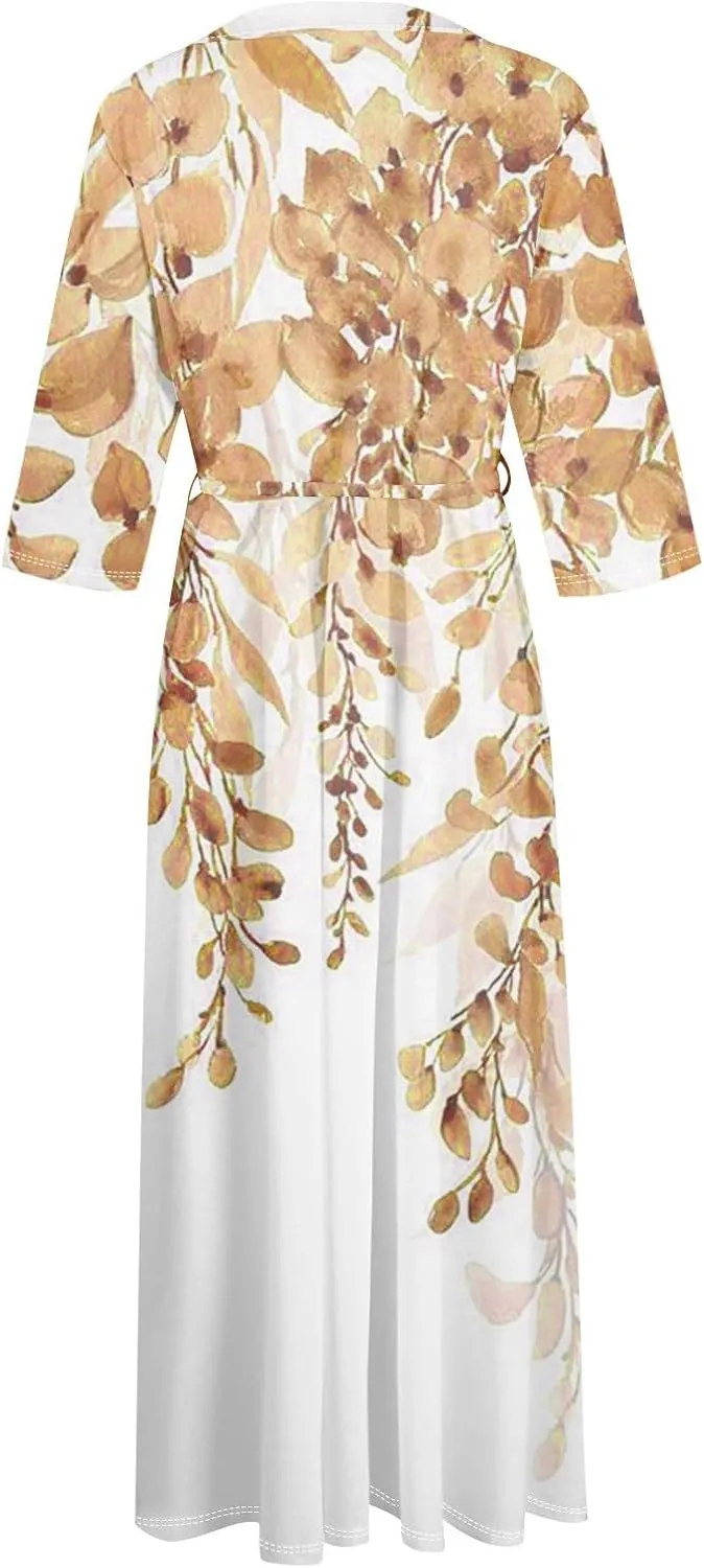 Women'S Summer Dresses 3/4 Sleeve Lapel Neck Button Cute A Line Lace-Up Dress Boho Floral Vacation Beach Long Dress