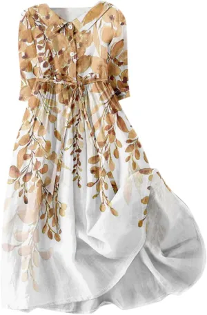 Women'S Summer Dresses 3/4 Sleeve Lapel Neck Button Cute A Line Lace-Up Dress Boho Floral Vacation Beach Long Dress