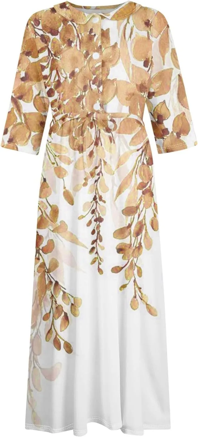 Women'S Summer Dresses 3/4 Sleeve Lapel Neck Button Cute A Line Lace-Up Dress Boho Floral Vacation Beach Long Dress