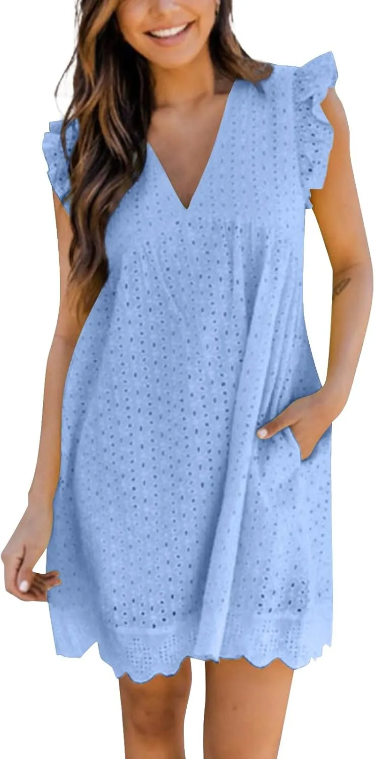 Womens Summer Dresses Cap Sleeve Babydoll Eyelet Ruffle V Neck Mini Dress Plus Size Casual Loose Sundress with Pockets Party