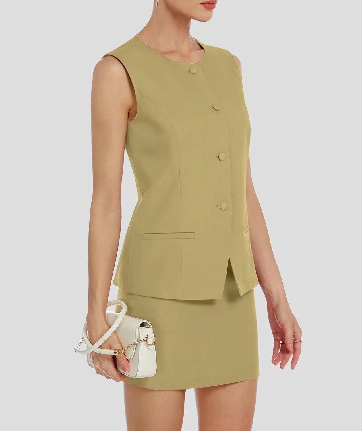 Womens Two Piece Blazer Outfits Skirt Set Button Down Vest Short Skort Crew Neck Summer Business Casual Suit